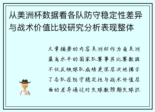 从美洲杯数据看各队防守稳定性差异与战术价值比较研究分析表现整体 从美洲杯数据看各队防守稳定性差异与战术价值比较研究分析表现整体